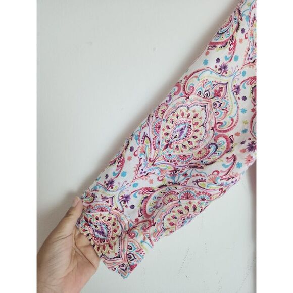 Chico's Beige w/Red Purple Pasley 100% Linen "No Iron" Button Up Blouse size 14 - Picture 4 of 7